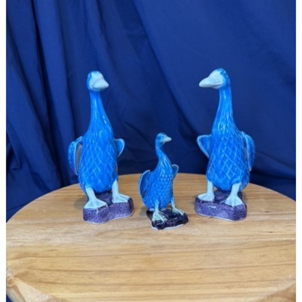 Vintage Chinese Export Turquoise Porcelain Duck Family of 3 Figurines Blue Geese